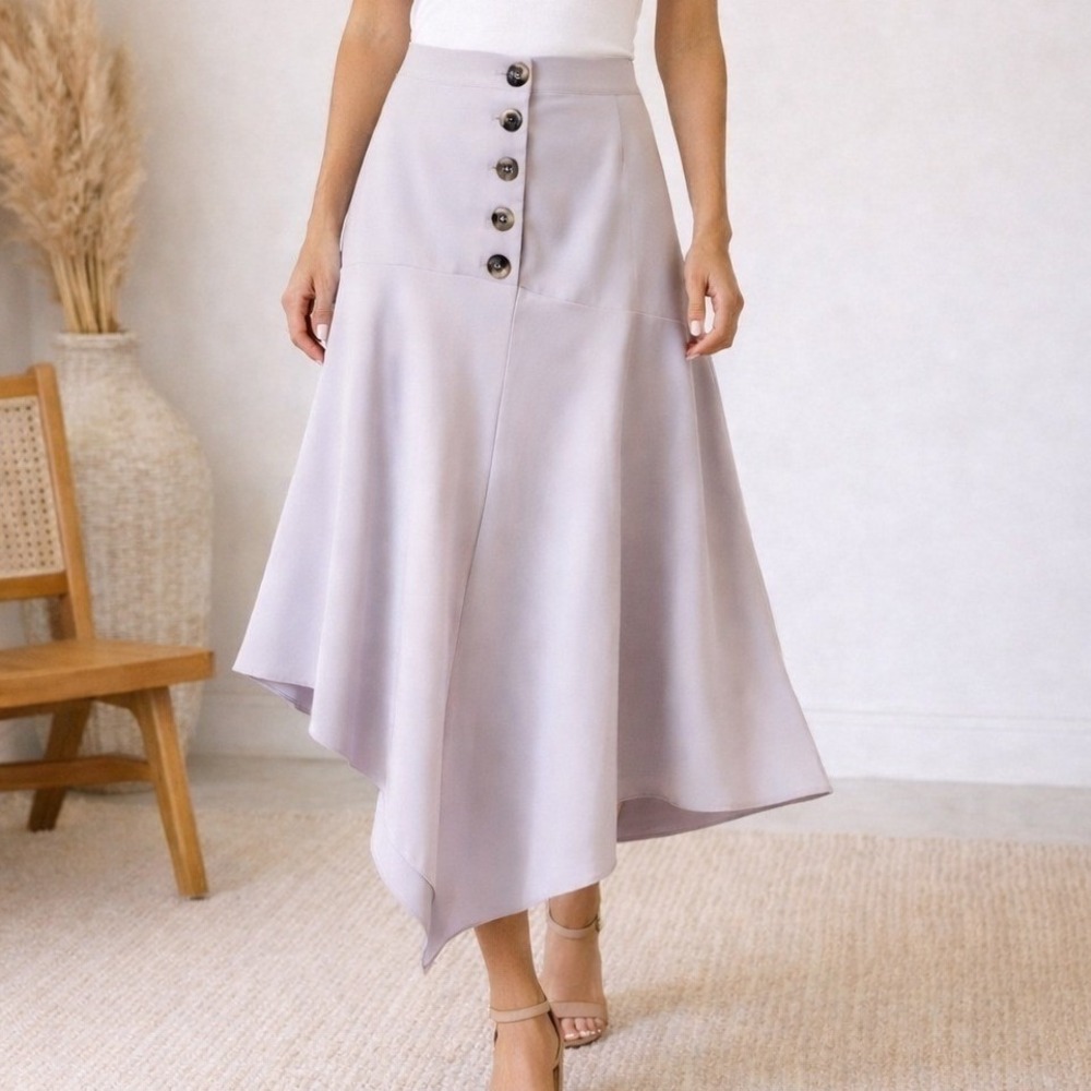 ASOS Womens Lavender Grey Asymmetrical Handkerchief Hem button Midi Skirt Size 4